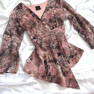 J.T.B. Womens Pink Floral Lace Surplice V-Neck Long Sleeve Blouse Top Small